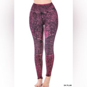 Zenana Material washed wide waistband moto leggings Plum